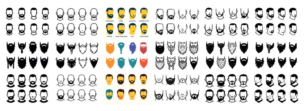 Various male beard and hairstyle silhouettes and icons