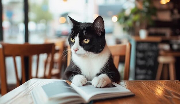 Black and white tuxedo cat sitting on wooden table in bright cafe interior, cat looking directly at camera with yellow-green eyes, white chest and paws, long white whiskers, open book on table in fr