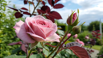 Pink Rosebud and Bloom in Garden: Delicate Spring Blossom