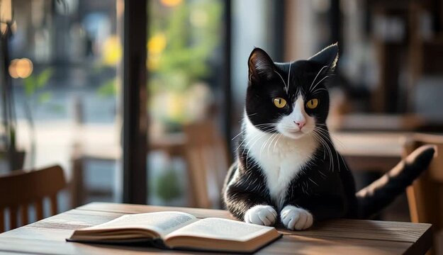 Black and white tuxedo cat sitting on wooden table in bright cafe interior, cat looking directly at camera with yellow-green eyes, white chest and paws, long white whiskers, open book on table in fr