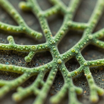 Close-up image of intricate, microscopic green fungi structures