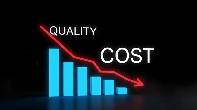 A stark blue bar chart shows decreasing quality, contrasted with the prominent red text 'COST' on a dark, smoky background.