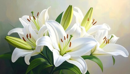 A close-up studio shot presents a bouquet of pristine white lilies, with their lush green leaves, against a soft, blurred backdrop
