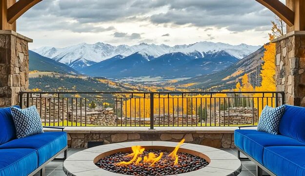 Luxury covered outdoor patio with stone fire pit, two blue velvet sofas with decorative pillows facing each other, wooden pergola structure with stone pillars, wall-mounted lanterns on stone columns