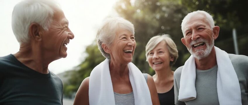 Elderly people happy and smiles after exercising, positive active aging concept 