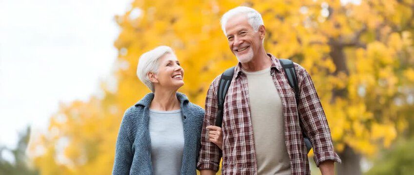 Senior couple walking together outdoors, active aging and companionship, happiness in retirement.