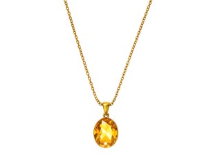 A close-up studio shot presents a gold chain suspending an oval-cut, radiant orange-yellow gemstone pendant
