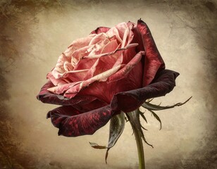 A close-up studio shot presents a fading, dark-red rose, its petals edged with lighter hues, against a textured, antique-style background