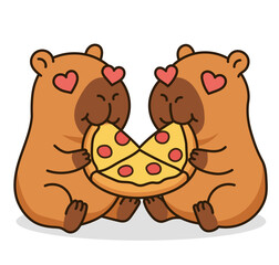 Cute capybara couple with heart eyes eating pizza slice on a romantic date, adorable animal characters sharing pepperoni fast food in vector sticker style on white background.