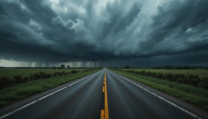 Fototapeta premium Cinematic View of Dark Rain Clouds and Thunderstorm Over an Endless Open Highway