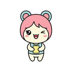 Obraz premium Cute Cartoon Girl with Pink Hair and Bear Ears