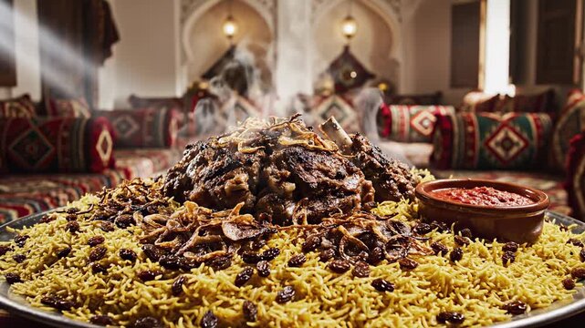 Steaming Arab Mandi rice with lamb on platter in traditional Majlis. Warm sunbeams and cinematic steam.