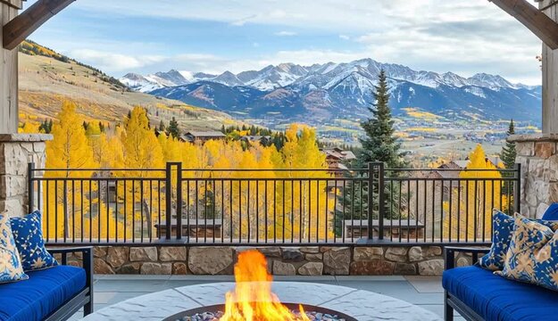 Luxury covered outdoor patio with stone fire pit, two blue velvet sofas with decorative pillows facing each other, wooden pergola structure with stone pillars, wall-mounted lanterns on stone columns