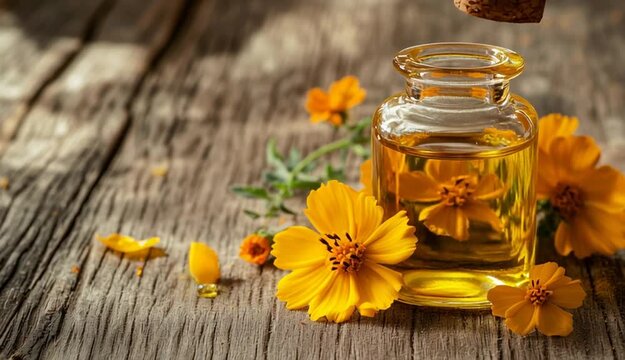 Glass bottle with cork stopper filled with golden yellow oil on rustic wooden table, fresh yellow Arnika flowers with orange centers beside the bottle, scattered flower petals on weathered wood surf