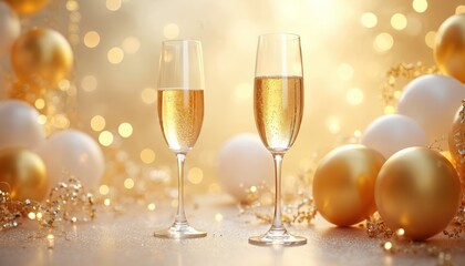 Fototapeta premium Two champagne glasses with bubbly liquid stand on glittery surface. Gold, white balloons along with bokeh lights create festive mood. Celebration background for special events like New Year wedding.