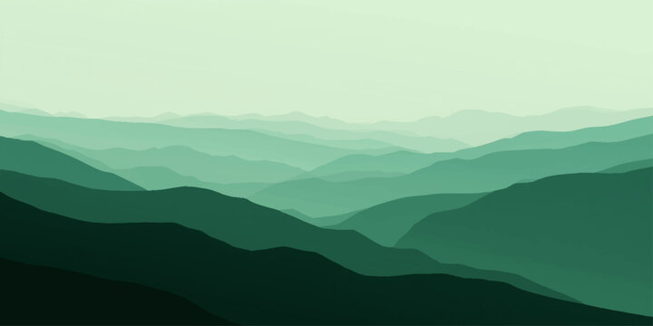 Abstract Vector Emerald Serenity ethereal landscape of layered mountain ranges, rendered in shades of verdant green, evokes a sense of peace and the silent power of nature.