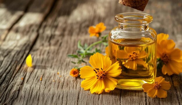 Glass bottle with cork stopper filled with golden yellow oil on rustic wooden table, fresh yellow Arnika flowers with orange centers beside the bottle, scattered flower petals on weathered wood surf