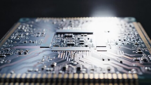 Close-up of a computer motherboard with copper traces and a central microcircuit under bright light