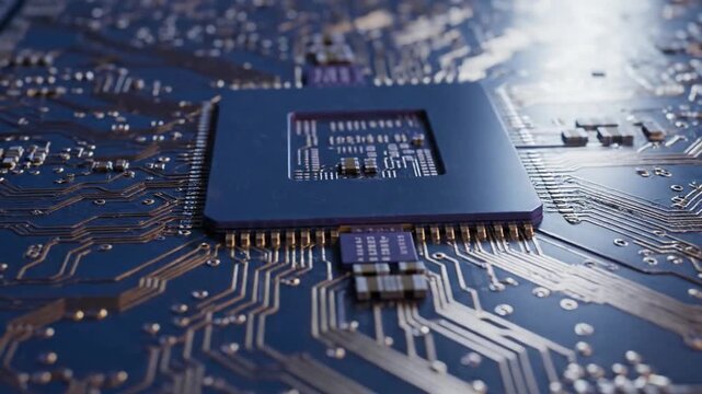 Closeup of a computer motherboard with a central processor and intricate copper traces and circuits