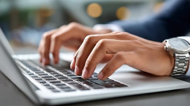 Precision Typing on Keyboard: Focused hands expertly navigate a laptop keyboard, symbolizing efficiency and digital prowess in a modern work environment.