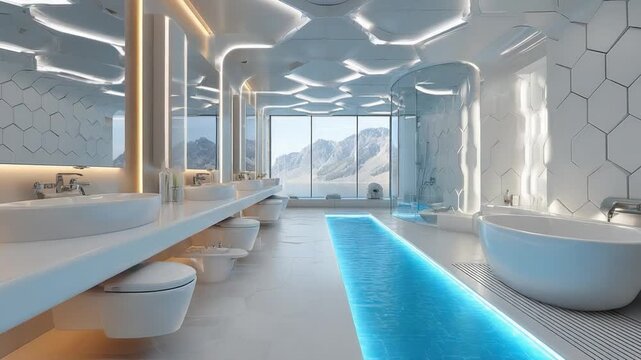 Serene Modern Bathroom: An innovative and opulent bathroom with a minimalist aesthetic, boasting a sleek design. The space features modern fixtures, artistic lighting.