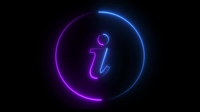 Neon  information sign animation icon glowing help desk info web neon sign circle icon sign symbol with black background .4k motion video animation .