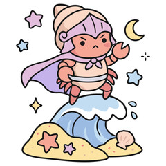 Obraz premium Brave Cancer Zodiac Knight Crab on Ocean Wave - Kawaii Warrior Astrology - Vector Adventure Mascot