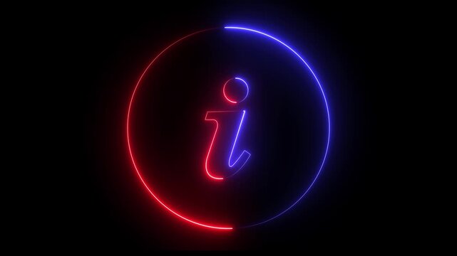 Neon  information sign animation icon glowing help desk info web neon sign circle icon sign symbol with black background .4k motion video animation .