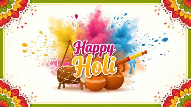 Vibrant explosion of colorful Holi powder dust captures the festive spirit alongside traditional Indian musical instruments and water cannons for celebration