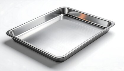 A close-up studio shot presents a rectangular, stainless steel baking pan on a white surface, highlighted by lighting