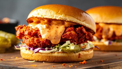 Crispy fried chicken sandwich with coleslaw and spicy sauce on wooden board