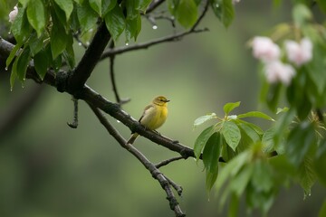 Tiny yellow warbler perched on a wet tree branch, surrounded by green leaves and soft bokeh background