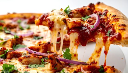 Slice of bbq chicken pizza with red onion and melting cheese pull