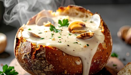 Steaming clam chowder in sourdough bread bowl with fresh clams