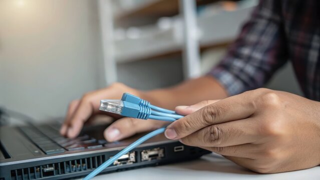 A person connects a cable to a laptop, highlighting technology use in daily tasks.
