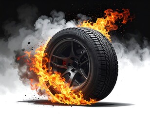 A close-up studio shot presents a single tire engulfed in dynamic flames and thick plumes of smoke against a stark background