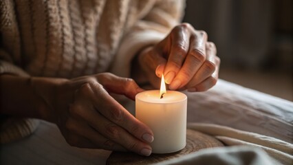 A person gently lights a small white candle, creating a warm and inviting atmosphere in a cozy setting.