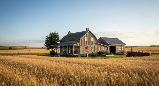 Rustic farmhouse in wheat field under clear blue sky with barn