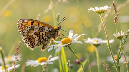 A butterfly perched on a daisy amidst wildflowers, showcasing vibrant colors and intricate patterns in a sunny field.