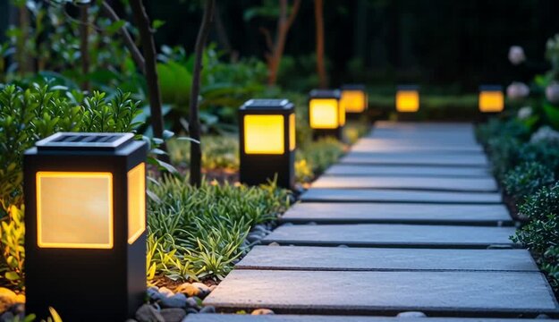 Modern solar-powered garden path lights with warm LED glow lining stone walkway, contemporary cube-shaped outdoor lamps with solar panels on top, 
illuminated pathway through landscaped garden
