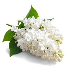 A close-up studio shot showcases a cluster of pristine white flowers with vibrant green leaves, elegantly displayed against a white background