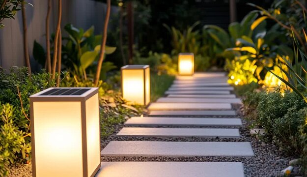 Modern solar-powered garden path lights with warm LED glow lining stone walkway, contemporary cube-shaped outdoor lamps with solar panels on top, 
illuminated pathway through landscaped garden
