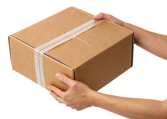 hands holding Brown cardboard box closed with tape isolated on a transparent background.