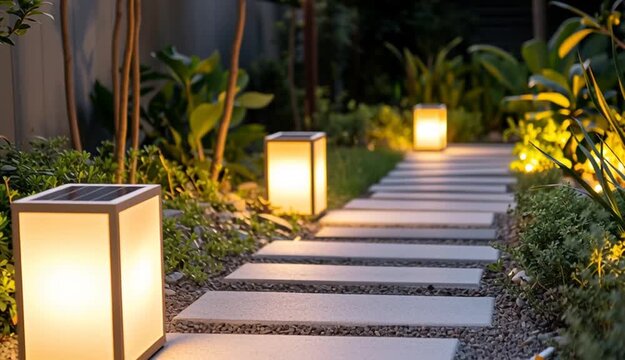Modern solar-powered garden path lights with warm LED glow lining stone walkway, contemporary cube-shaped outdoor lamps with solar panels on top, 
illuminated pathway through landscaped garden
