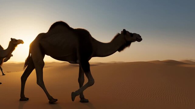 Dawn desert caravan with singular camel silhouette walking across golden sand dunes at sunrise