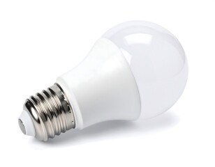A close-up studio shot showcases a modern LED lightbulb. The bulb is a bright white color, with a metallic base