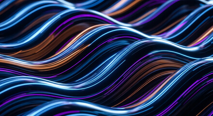 Abstract visualization of flowing neon light ribbons in deep blue orange and purple hues creating dynamic futuristic digital wave patterns against a dark background