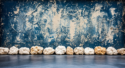 A row of naturally formed rough textured stones rests upon a dark surface against a distressed blue and beige peeling paint wall backdrop for texture
