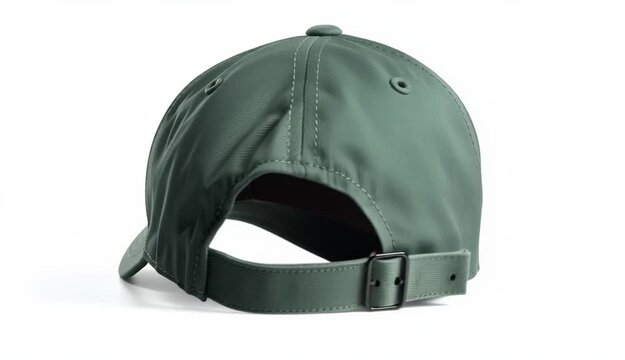 Dark green baseball cap on white background, plain blank dad hat with curved brim, front view centered, cotton twill fabric texture, visible stitching details
