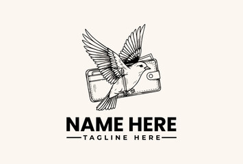 A minimalist illustration of a bird flying over a camera with placeholder text for a logo or brand identity on a clean background.